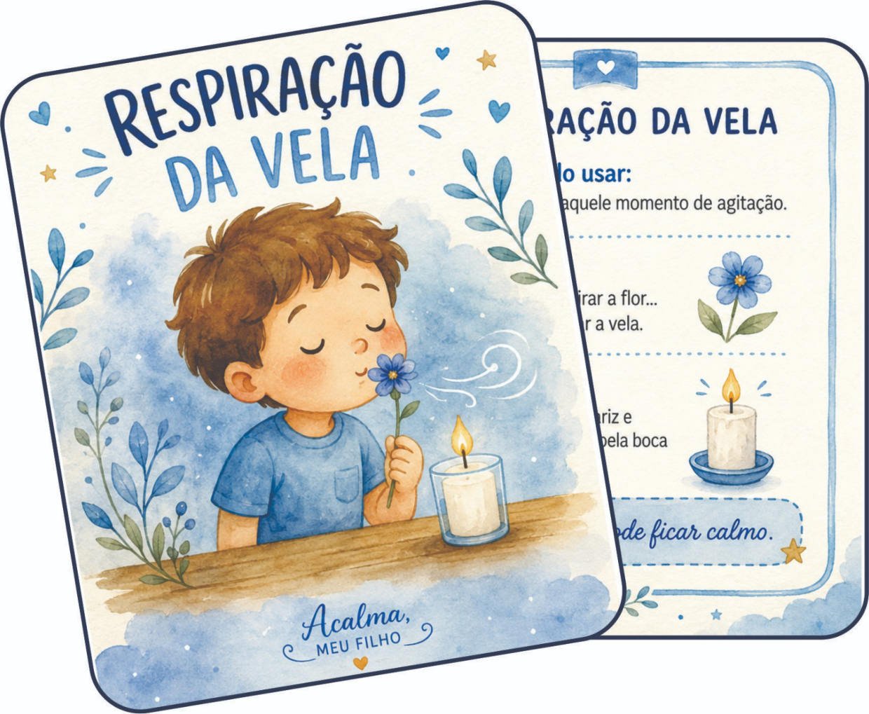 As duas faces da carta Respiração da Vela: a frente com a ilustração e o verso com quando usar, dica e o que fazer
